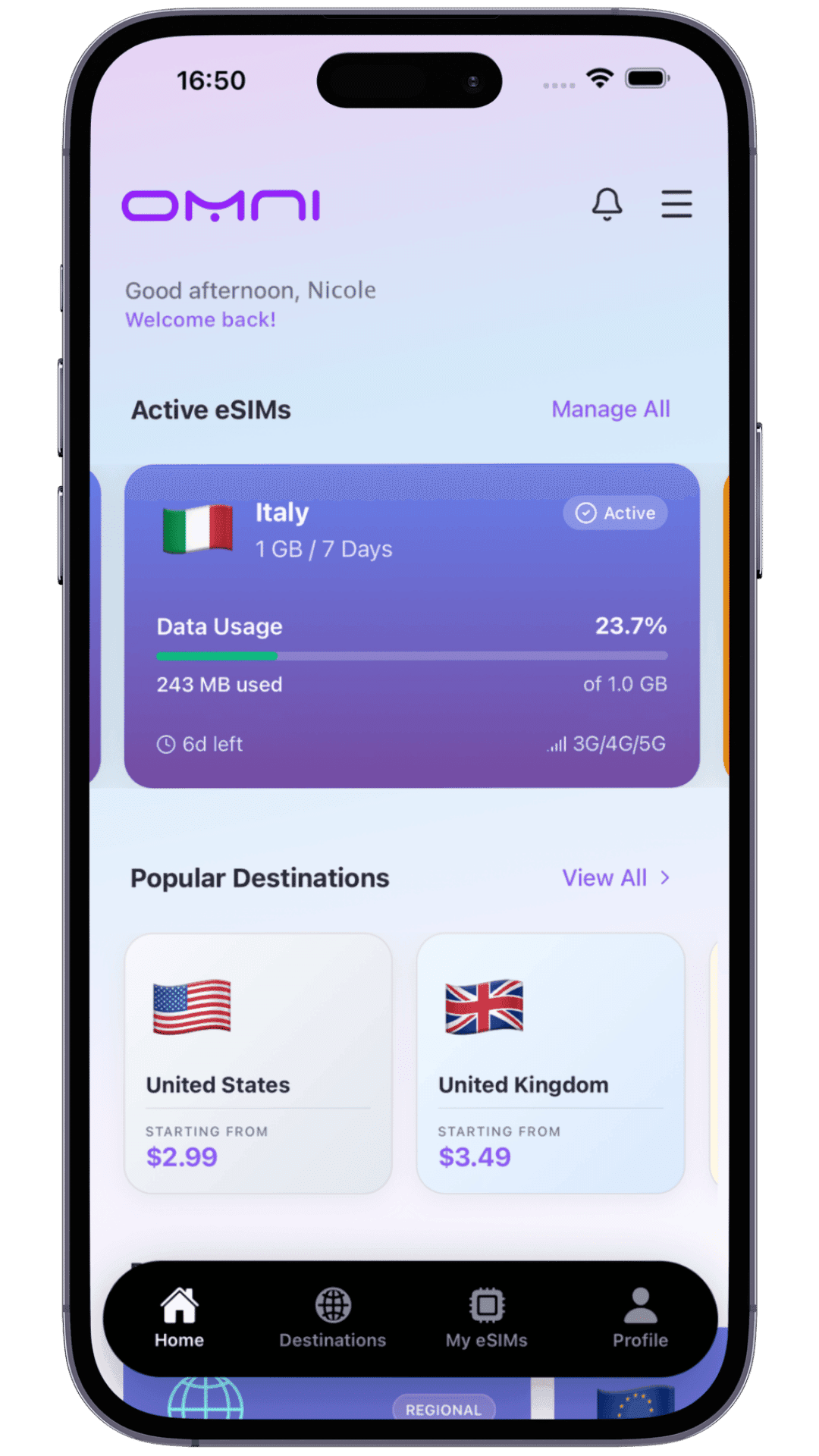 OMNI eSIM app on iPhone