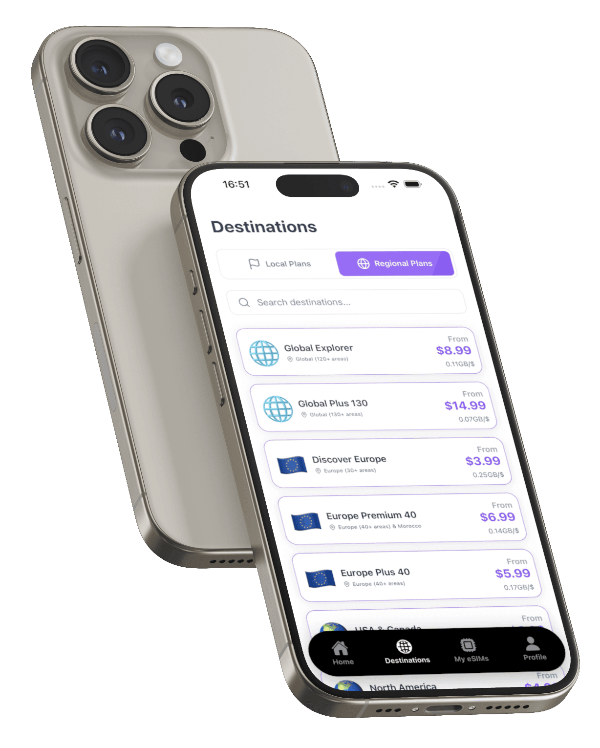 OMNI eSIM app destinations screen