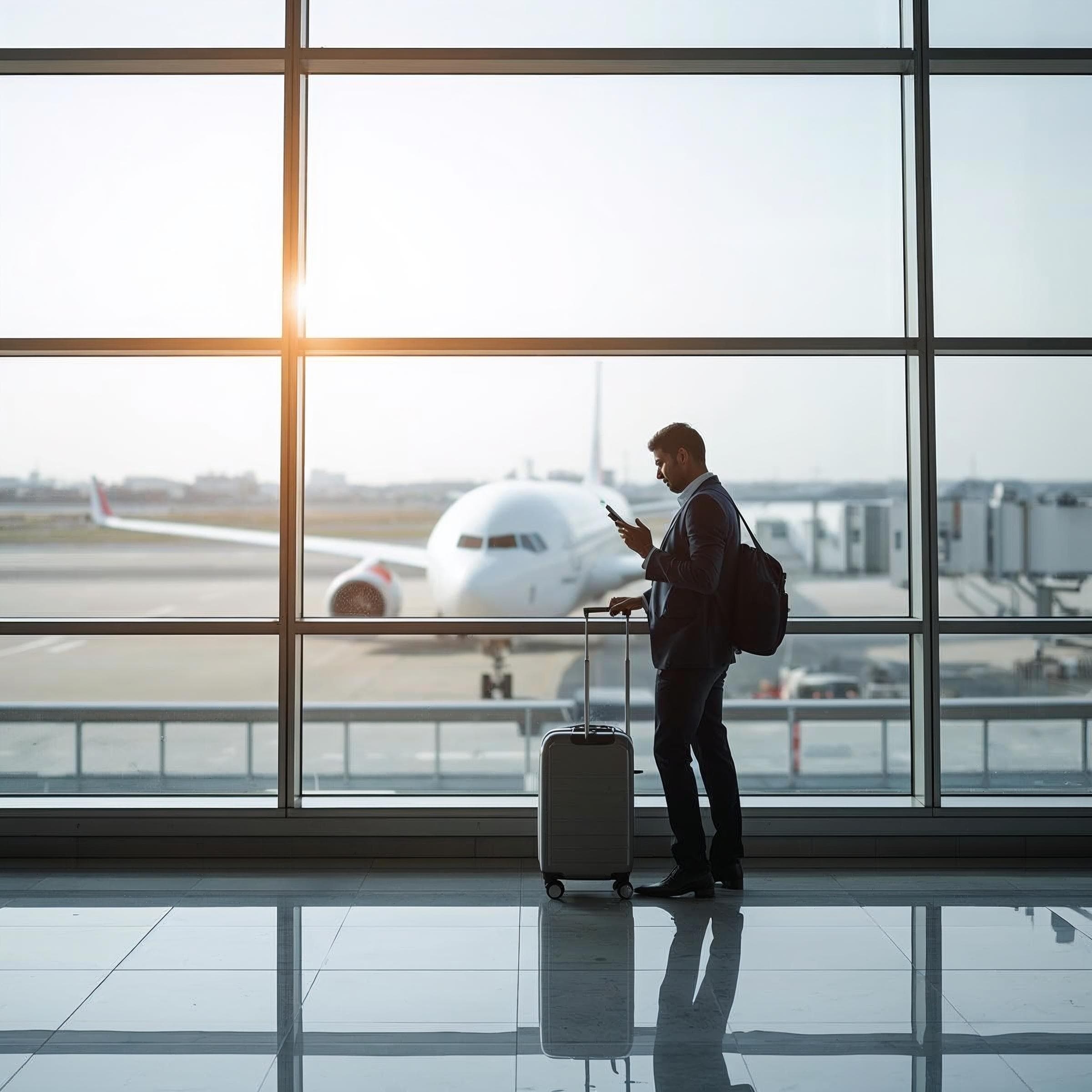 İş eSIM rehberi için kurumsal seyahat görseli — toplantılar için güvenilir mobil bağlantı, roaming maliyet kontrolü, hotspot kullanımı ve küresel iş gezilerini gösteriyor. Yurt dışı iş bağlantısı için akıllı telefonda mobil veri kullanan havalimanındaki iş seyahatçisi